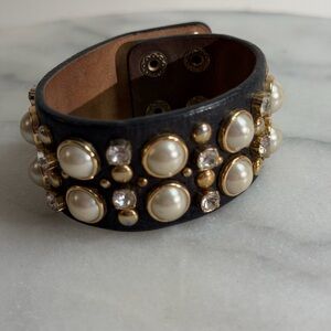 Juicy Couture Leather Cuff Bracelet Pearls Rhinestone Stud Wide y2k